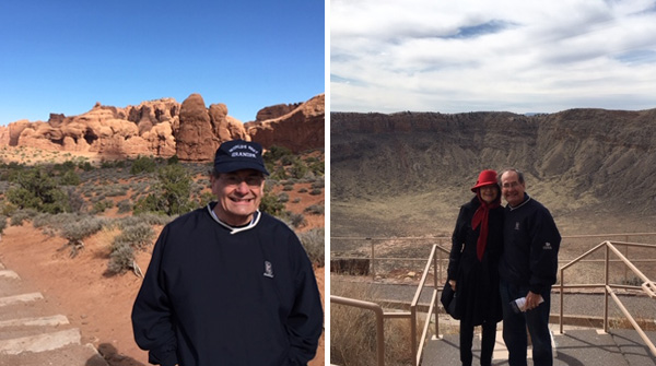 Collage of Rick at Arches and Rick and Cathy at Meteor Crater, Winslow, AZ